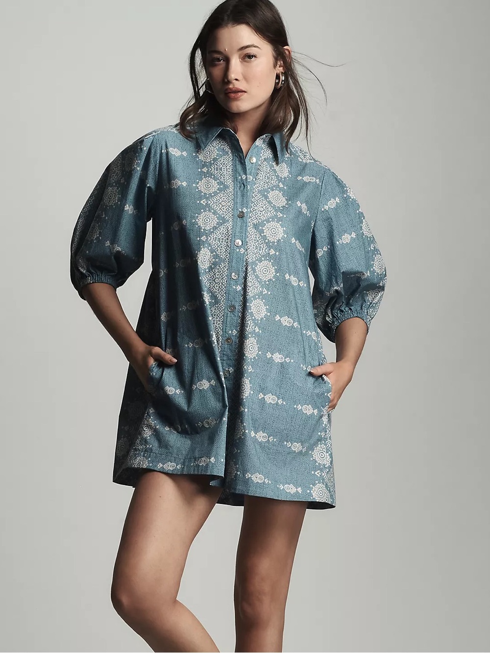 Hope for Flowers by Tracy Reese Tucked-Sleeve Mini Shirt Dress Collared Blue S